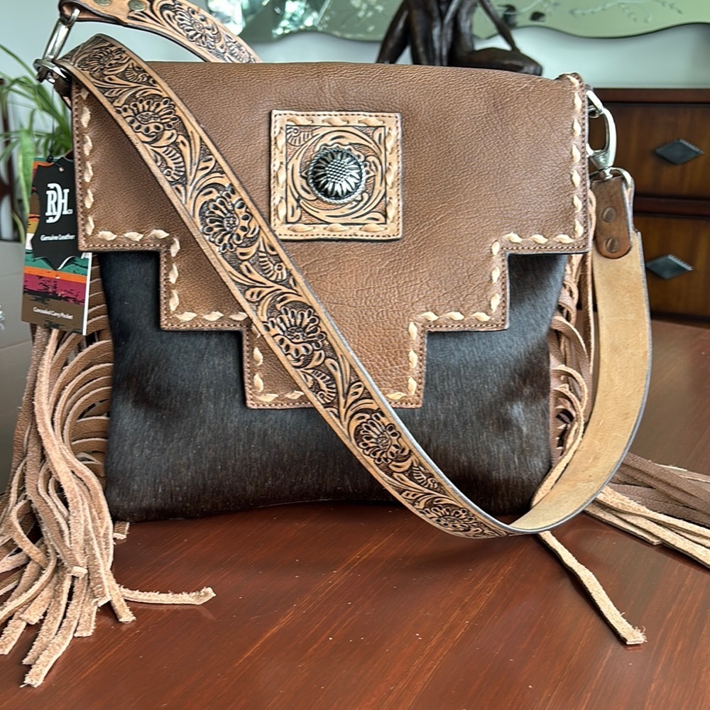 Red Dirt Hat Conceal Carry Genuine Leather & hair hide tote,tooled strap,concho